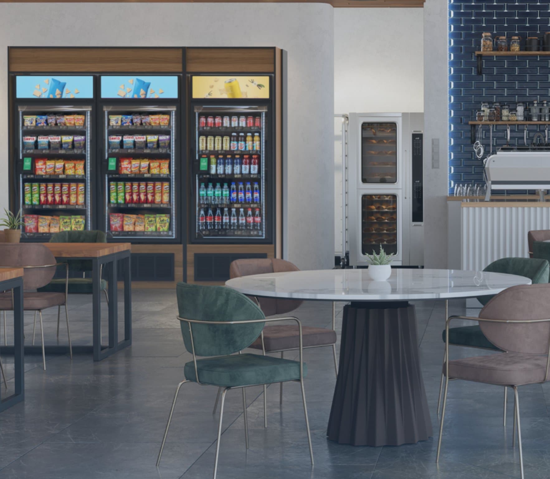 SwiftMart smart vending machines installed in a modern café break room